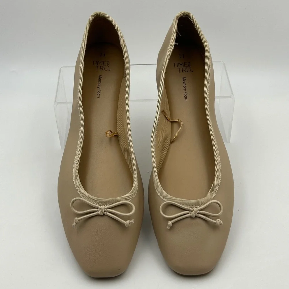 Time and Tru Ballet Flats Womens 11 Beige Square Toe Bow Memory Foam Balletcore
